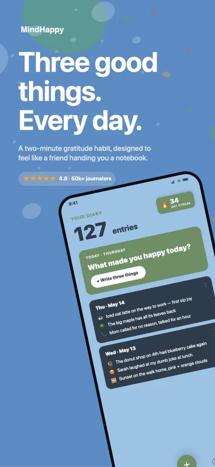 The MindHappy home screen showing today's three good things